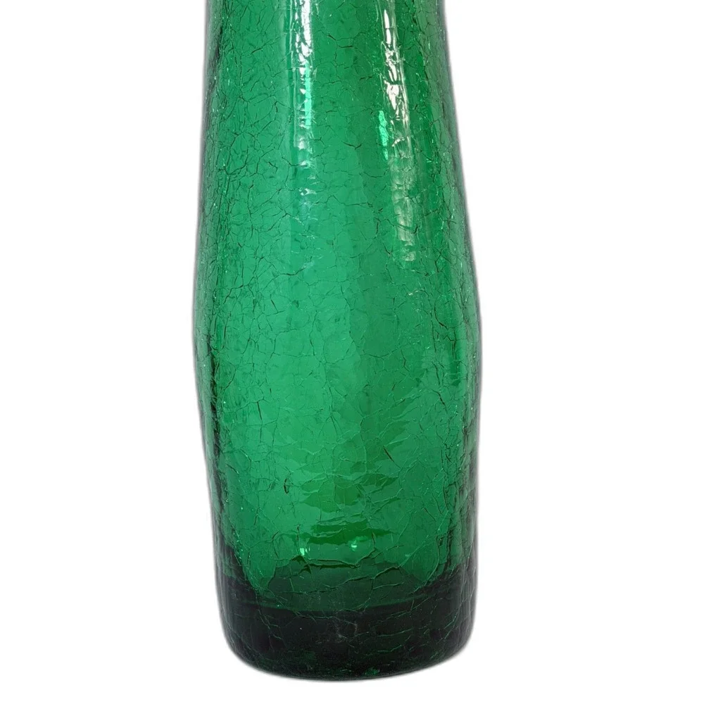 VTG Emerald Green Crackle Glass Tall Mod Large Vase Decanter Decor Art Glass